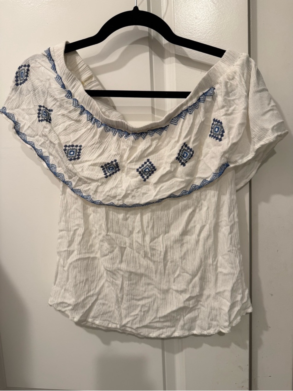 Lily White White Crop Top with Blue Embroidery
